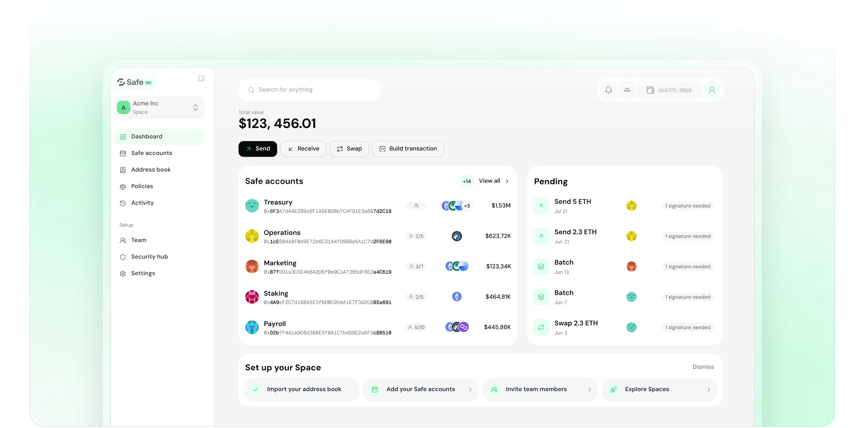 Safe Pro dashboard with Safe accounts and pending transactions